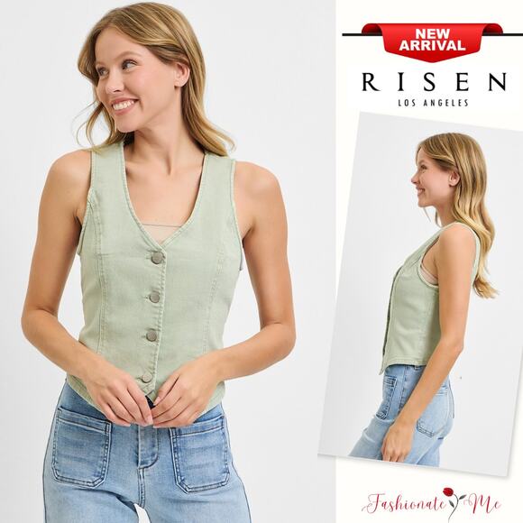 RISEN V-Neckline Button Closure Sleeveless Stretch Casual Denim Vest | Pistachio - Picture 1 of 7